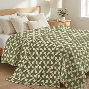 Manta Polar Ropa de cama floral geométrica verde salvia y rosa