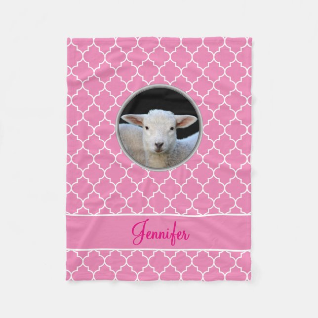Manta Polar Rosa adorable Quatrefoil del cordero con nombre (Anverso)