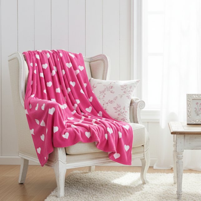 Manta Polar Rosa Caliente Lindo con Corazones Blancos (Cute Hot Pink with White Hearts Fleece Blanket)