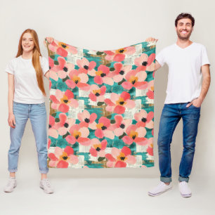 Manta Polar Rosa Coral Floral Turquesa Vintage
