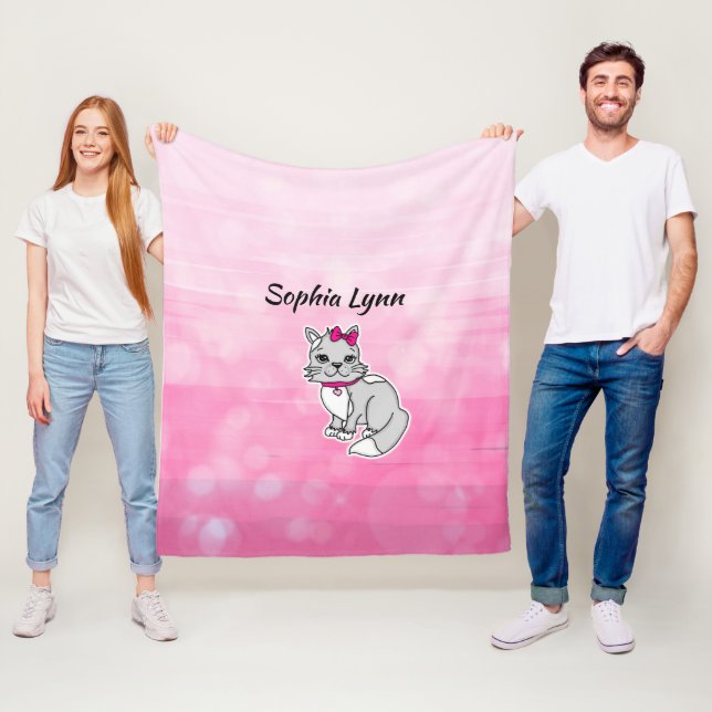 Manta Polar Rosa de Chica personalizada de gato gris y blanco (In situ)