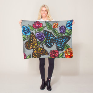 Manta Polar Rosa de mariposa flor original dibujo natural