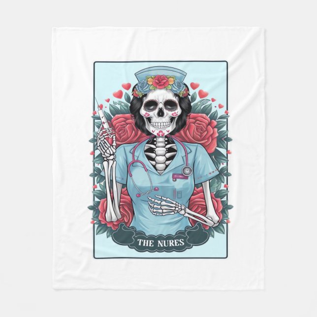 Manta Polar Rosa floral Skeleton Enfermera Tarot Card Hallowee (Anverso)