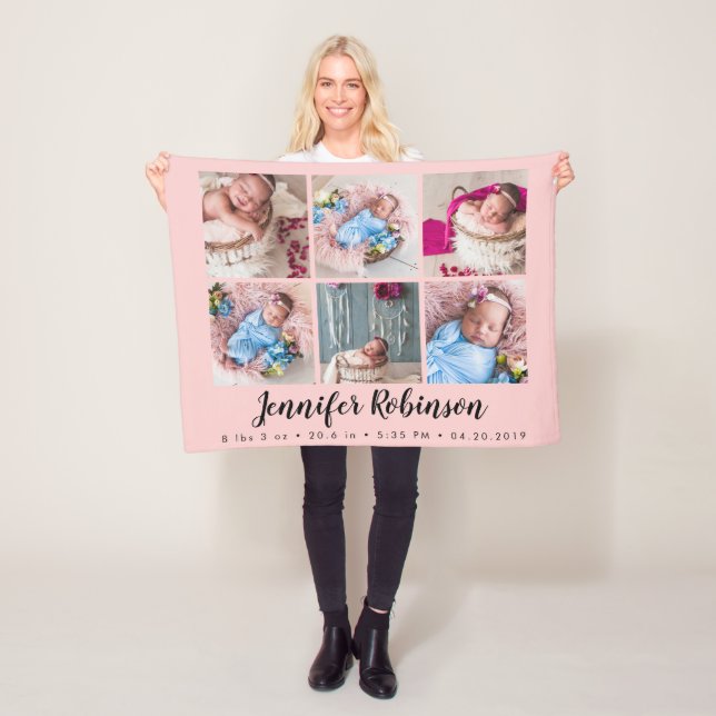 Manta Polar Rosa Monogrammed Birth Stat Invitación Foto (In situ)