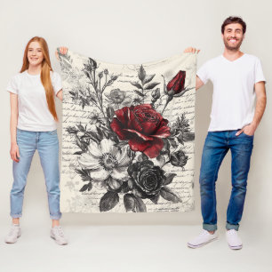 Manta Polar Rosa Negra Roja Flores de Manuscrito Antiguo