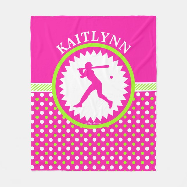 Manta Polar Rosa personalizado del softball - lunares verdes (Anverso)