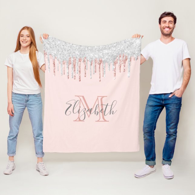 Manta Polar Rosa purpurina de plata oro gotea rosa monogramado (In situ)