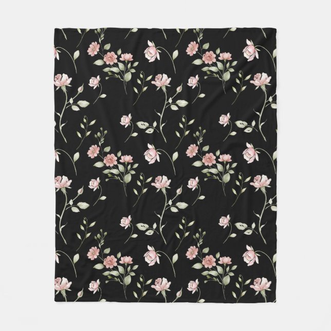 Manta Polar Rosa Rubor Acuarela Floral Negro (Anverso)