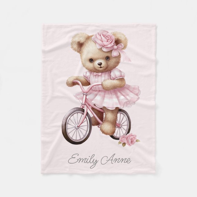 Manta Polar Rosa Teddy Bear Flowers Bicicleta Nombre del niño (Anverso)