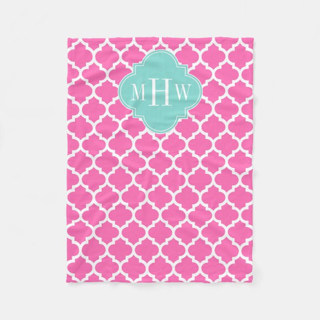 Manta Polar Rosado Caliente2 Con Marroquí #5 Turquesa Monogram (Anverso)