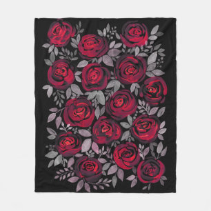 Manta Polar Rosas acuarelas, rosas rojas sobre negro