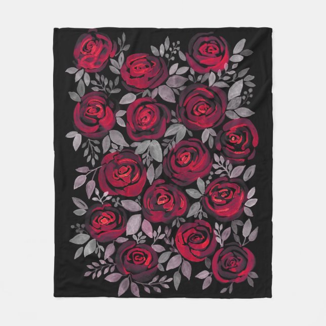 Manta Polar Rosas acuarelas, rosas rojas sobre negro (Anverso)