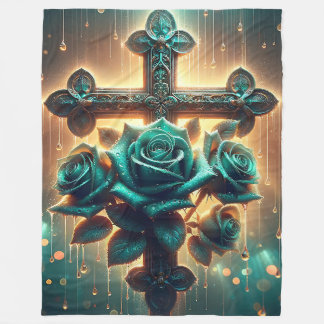 Manta Polar "Rosas azules y cruz cristiana"