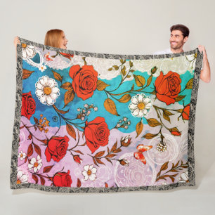 Manta Polar Rosas Daisies Lace y Mariposas vibrantes Verde azu
