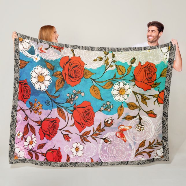 Manta Polar Rosas Daisies Lace y Mariposas vibrantes Verde azu (In situ)