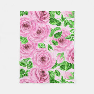 Manta Polar Rosas de acuarela rosa con hojas y brotes