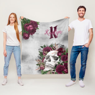 Manta Polar Rosas de cráneo Monograma Nombre Borgoña Gris Grun