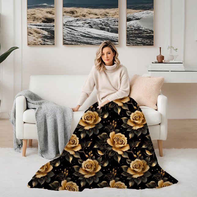 Manta Polar Rosas Floral Golden y Black Elegant (Floral Golden and Black Elegant Roses Fleece Blanket)
