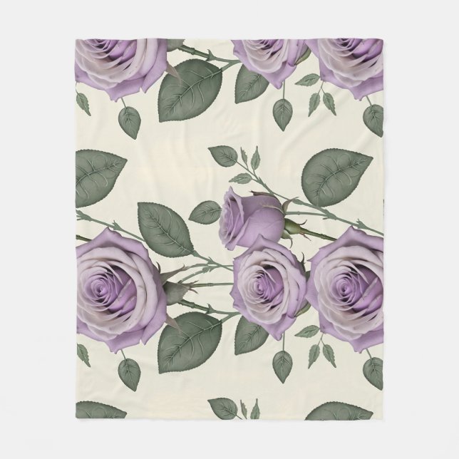 Manta Polar Rosas Lavanda Con Hojas De Plata Y Verde (Anverso)