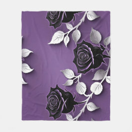 Manta Polar Rosas Negras Elegantes Con Hojas De Plata