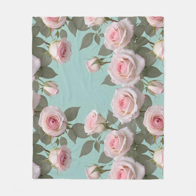 Manta Polar Rosas rosadas bebé con hojas verde salvia (Anverso)