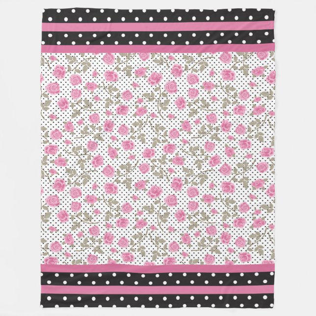 Manta Polar Rosas rosas rosas con puntos de polka negro (Anverso)