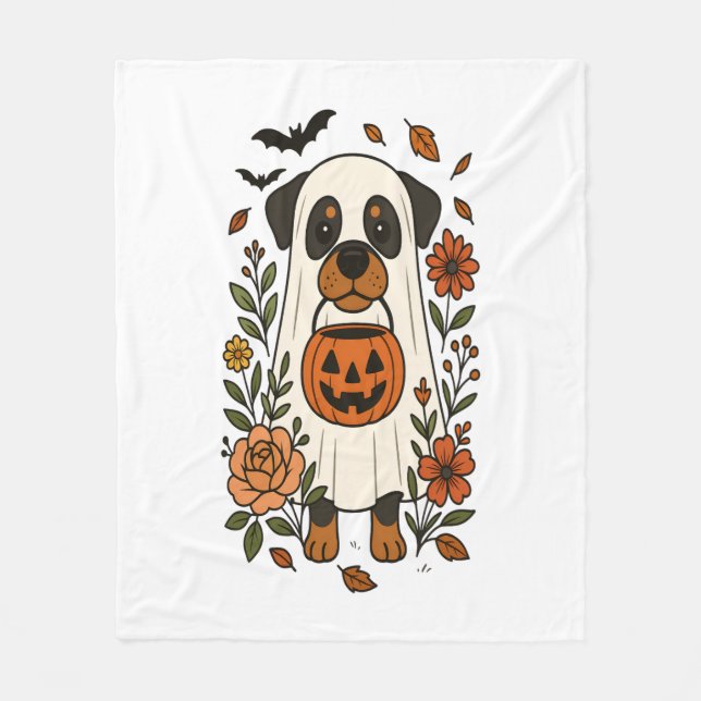 Manta Polar Rottweiler de Halloween con flores (Anverso)
