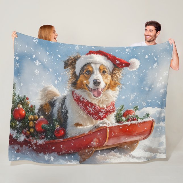 Manta Polar Rough Collie Dog in Sledge Let it Snow Navidades (In situ)