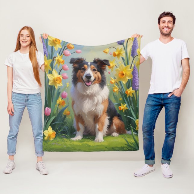 Manta Polar Rough Collie Dog Spring Flowers Pintura (In situ)