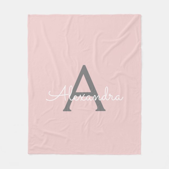 Manta Polar Rubor Gris Rosa Girly Script Monograma moderno (Anverso)