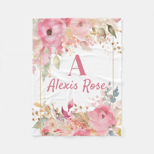 Manta Polar Rubor Pink Floral Monograma Bebé (Anverso)