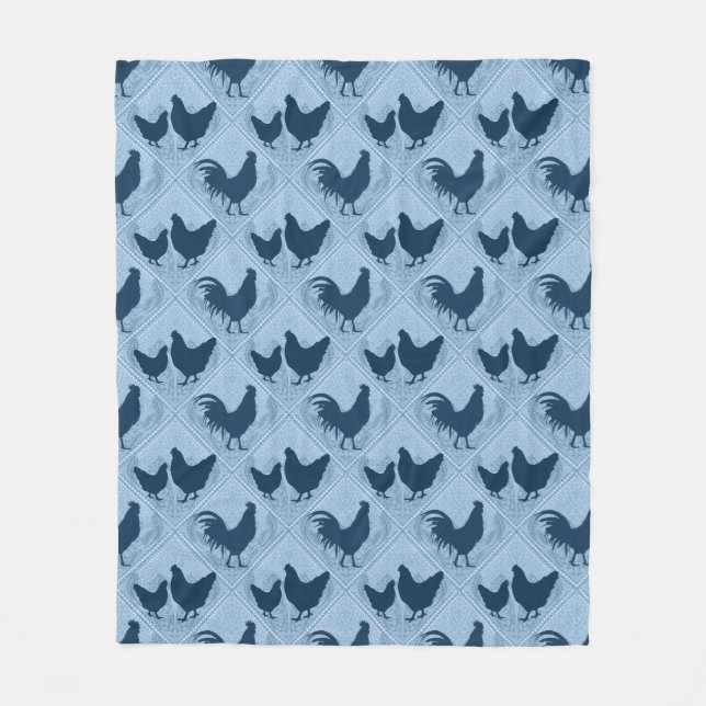 Manta Polar Rustic Farmhouse Hen Pattern – In Blue  (Anverso)