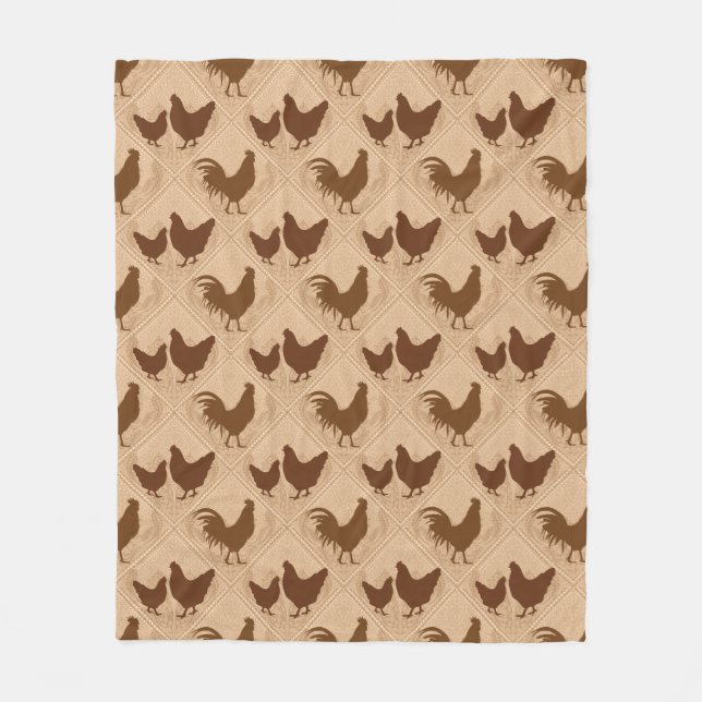 Manta Polar Rustic Farmhouse Hen Pattern – In Warm Brown  (Anverso)