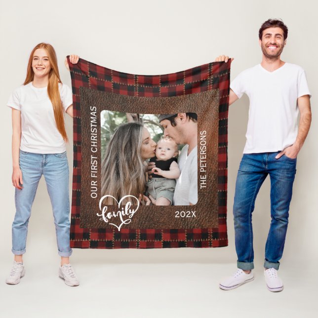 Manta Polar Rustic Farmhouse Leather & Plaid Christmas Family (In situ)