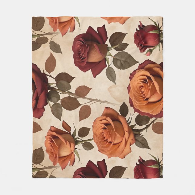 Manta Polar Rustic Style Roses In Shades Of Orange And Red (Anverso)
