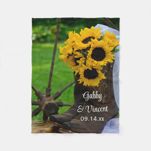 Manta Polar Rustic Sunflowers and Cowboy Boots Western Wedding (Anverso)