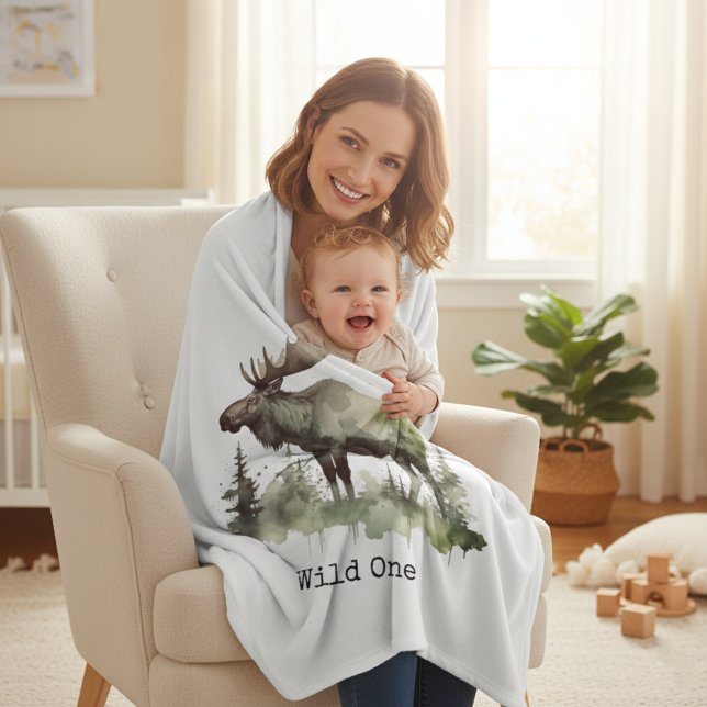 Manta Polar Rustic Watercolor Moose | Little One Personalized  (Subido por el creador)