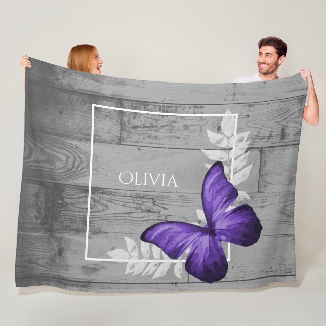 Manta Polar Rústica de mariposa morada personalizada (In situ)