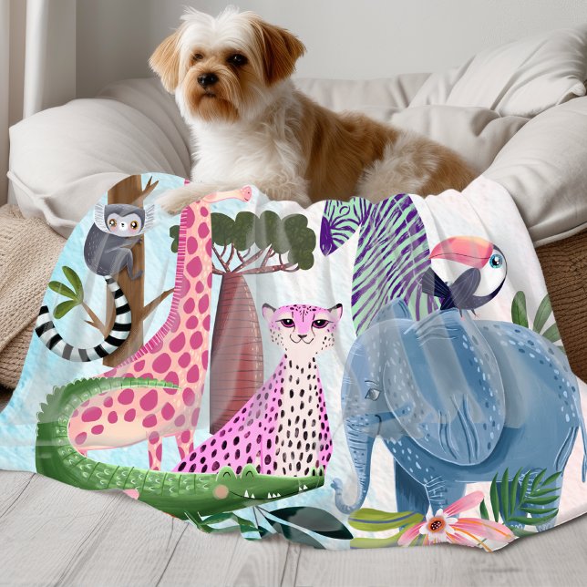 Manta Polar Safari animals jungle birthday watercolor girl (Subido por el creador)