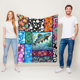 Manta Polar Salmon Crazy Quilt Floral Whimsical Colorful