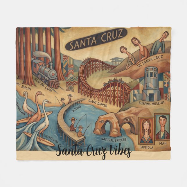 Manta Polar Santa Cruz California Whimsical Map UCSC Boardwalk (Frente (Horizontal))