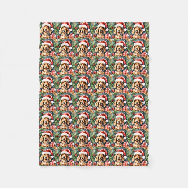 Manta Polar Santa Dachshund y Evergreens: (Anverso)