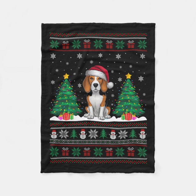 Manta Polar Santa Hat Beagle Dog Árbol de navidad ilumina Ugly (Anverso)