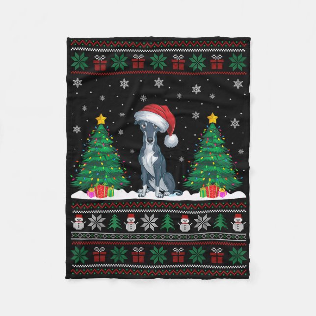 Manta Polar Santa Hat Greyhound Dog Árbol de Navidad se ilumin (Anverso)