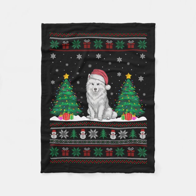 Manta Polar Santa Hat Perro Samoyado Árbol de Navidad enciende (Anverso)