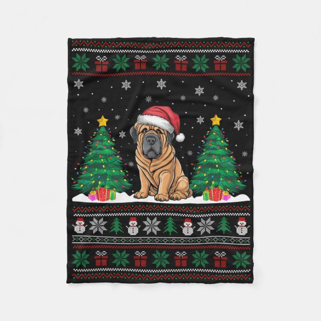 Manta Polar Santa Hat Tibetano Mastiff Perro Xmas Árbol Luces  (Anverso)