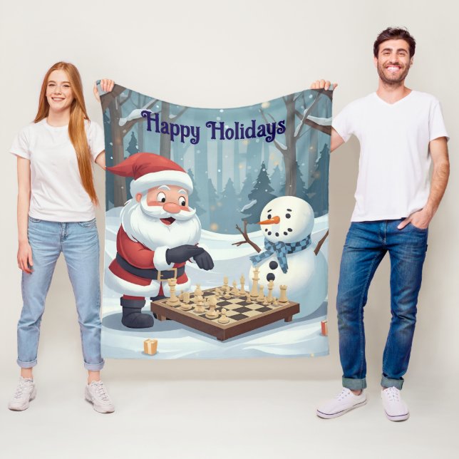 Manta Polar Santa playing chess with a snowman Fleece Blanket (In situ)