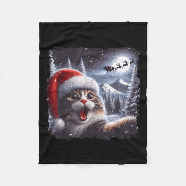 Manta Polar Santa Reindeer Selfie Cat Funny Christmas Tee  (Anverso)