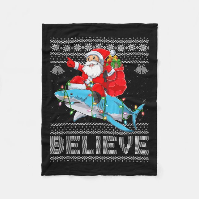Manta Polar Santa Riding Shark Ugly Christmas Sweater Believe  (Anverso)