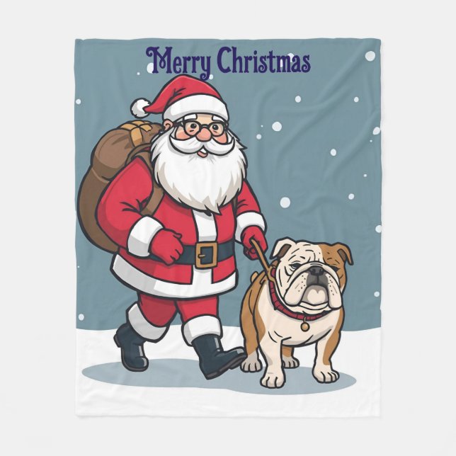 Manta Polar Santa walking a bulldog Christmas Fleece Blanket (Anverso)